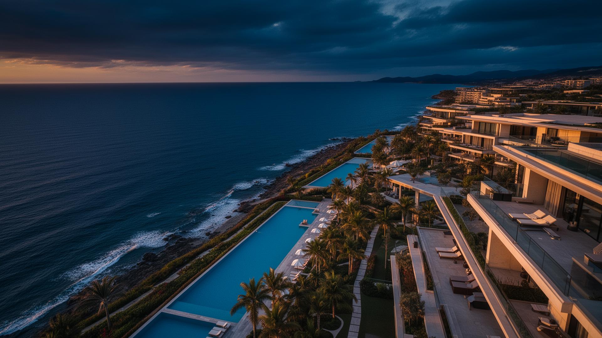 Cinematic aerial drone view of luxury coastal resort at dusk